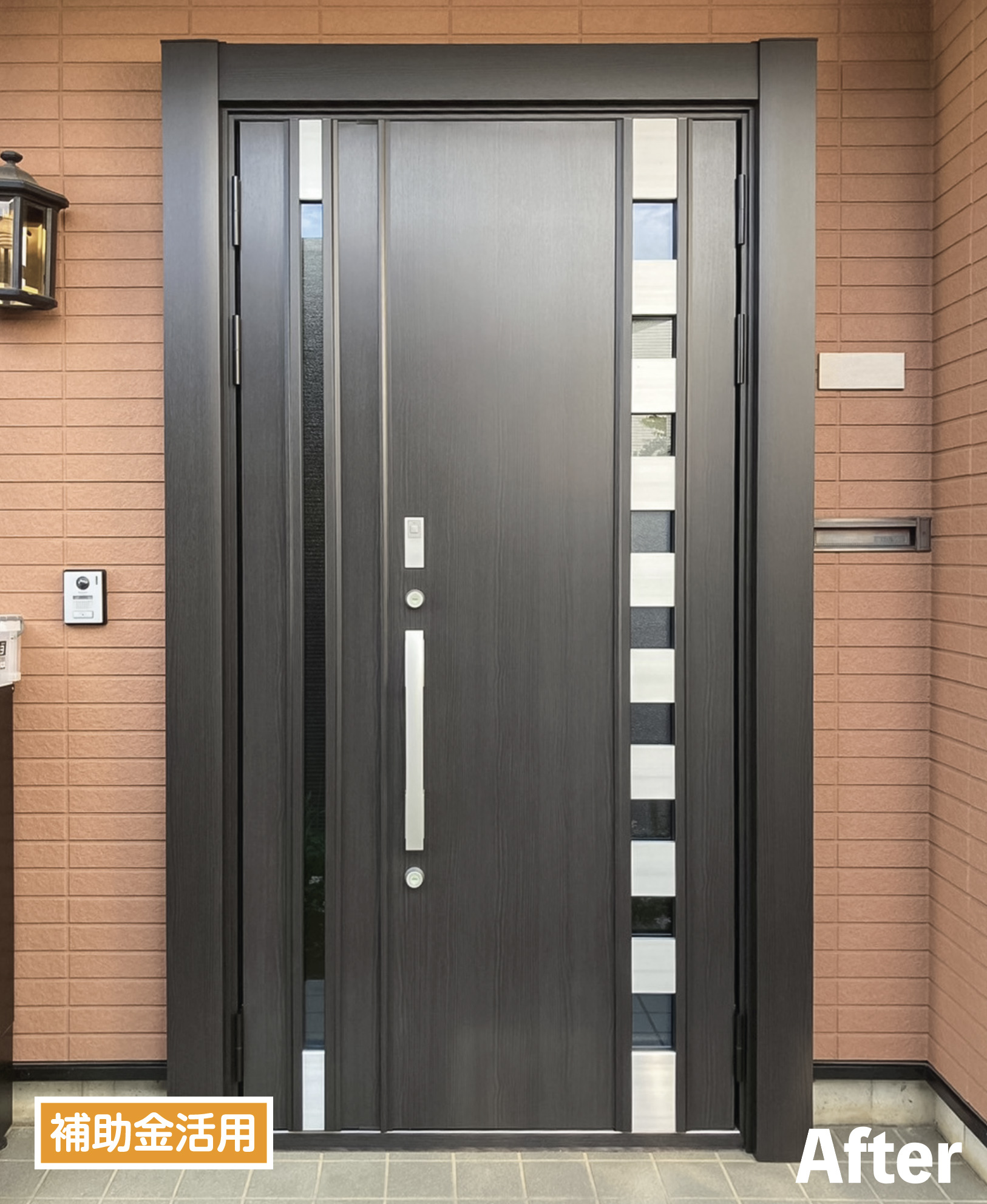 塩尻市 玄関ドアリフォーム|LIXILリシェント高断熱仕様 ランマなし親子ドア施工例 塩尻市で施工したLIXILリシェント玄関ドア高断熱仕様16N型の施工後写真。ランマ付き玄関からランマなし親子ドアへ交換した断熱リフォーム事例。