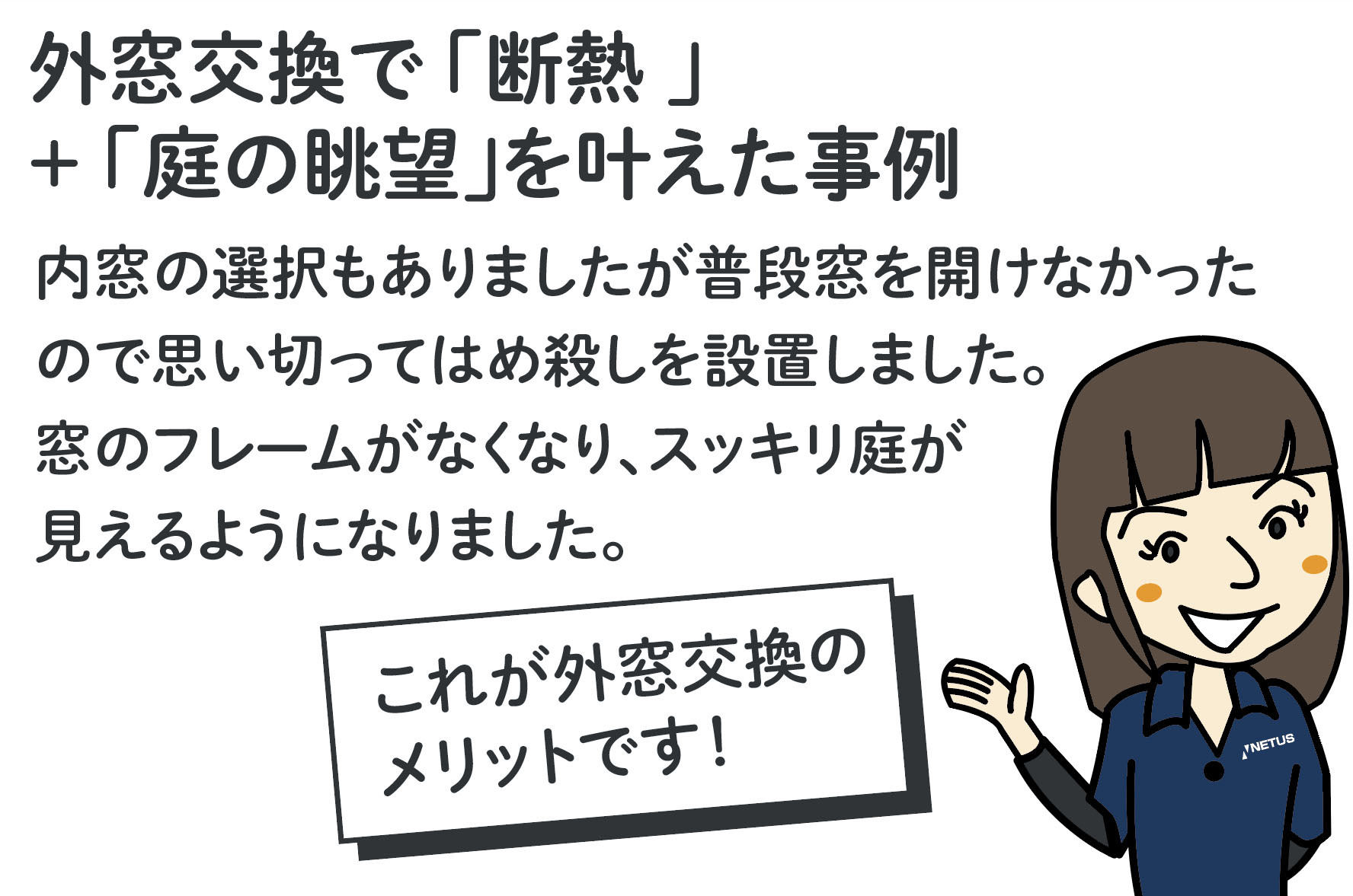 外窓交換で「断熱」＋「庭の眺望」を叶えた事例。内窓の選択もありましたが普段窓を開けなかったので思い切ってはめ殺しを設置しました。窓のフレームがなくなり、スッキリ庭が見えるようになりました。女性スタッフのイラスト（これが外窓交換のメリットです！）
