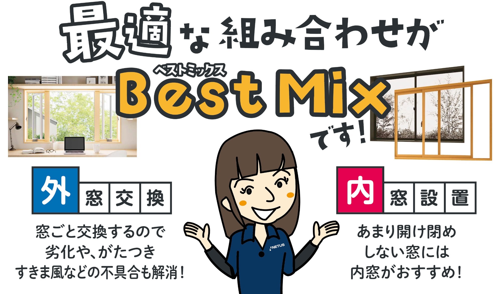 最適な組み合わせがBest Mixです！外窓交換：窓ごと交換するので劣化や、がつき、すきま風などの不具合も解消！ 内窓設置：あまり開け閉めしない窓には内窓がおすすめ！女性スタッフのイラスト