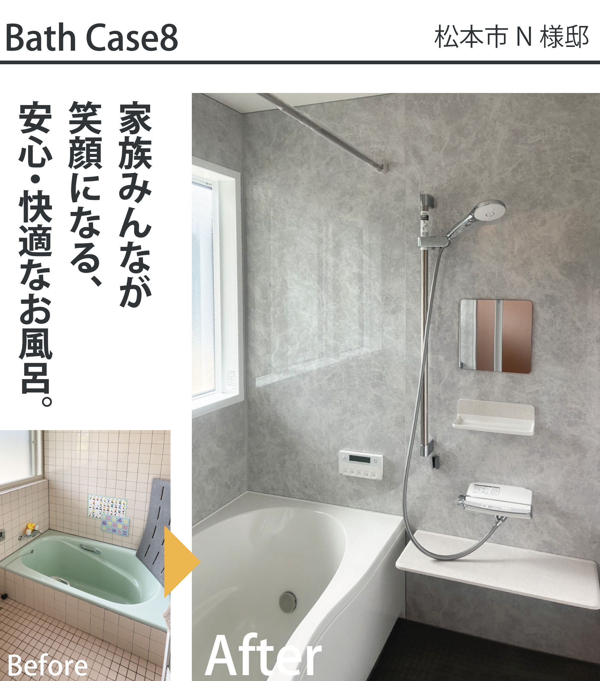松本市N様邸の浴室リフォーム施工事例。冷たく手入れが大変だったタイル貼りの在来浴室（Before）から、グレー調の上質な壁パネルと高い断熱性を備えた清潔で快適な最新システムバス（After）へリフォームした比較写真。