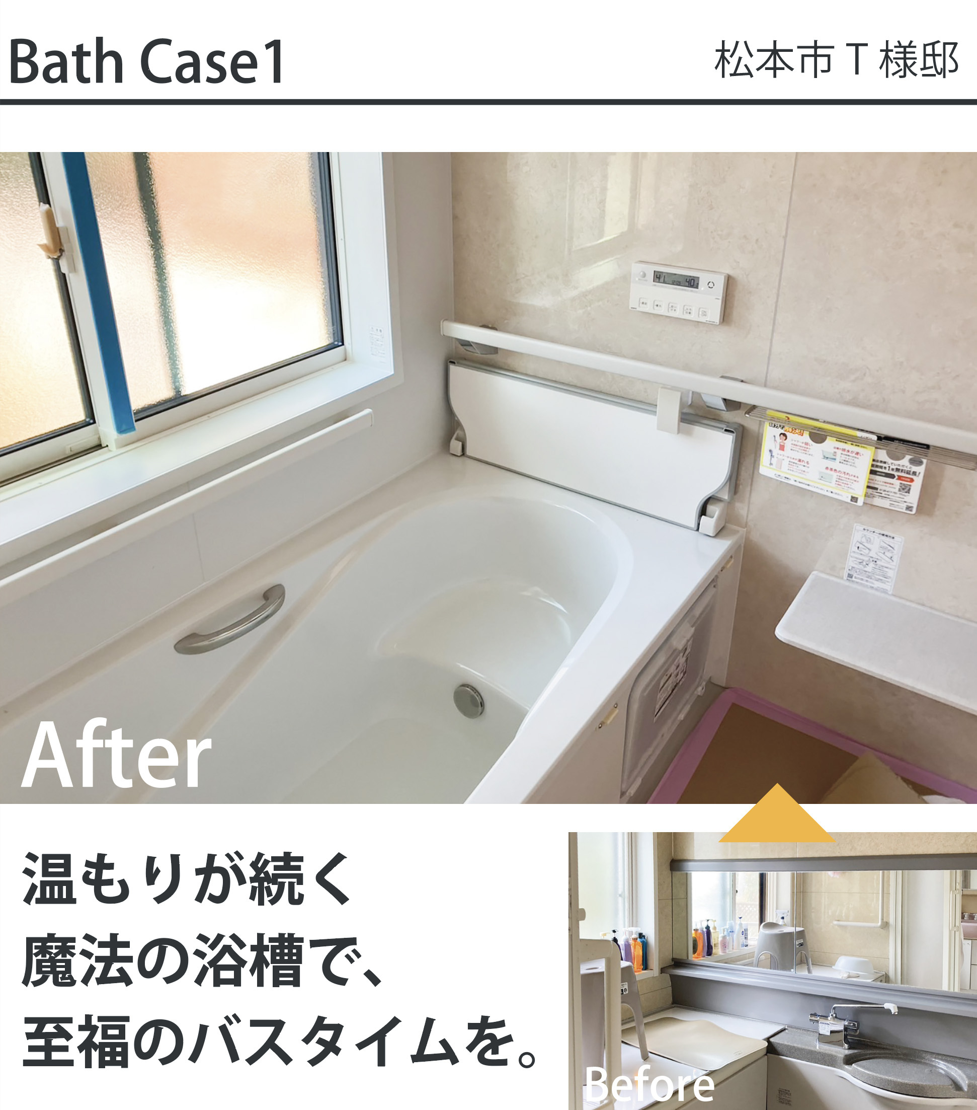 松本市T様邸の浴室リフォーム施工事例。古くなった浴室（Before）から、お湯が冷めにくい保温機能つき高断熱浴槽と、手すり・カウンターを完備した快適な最新バスルーム（After）へリフォームした比較写真。