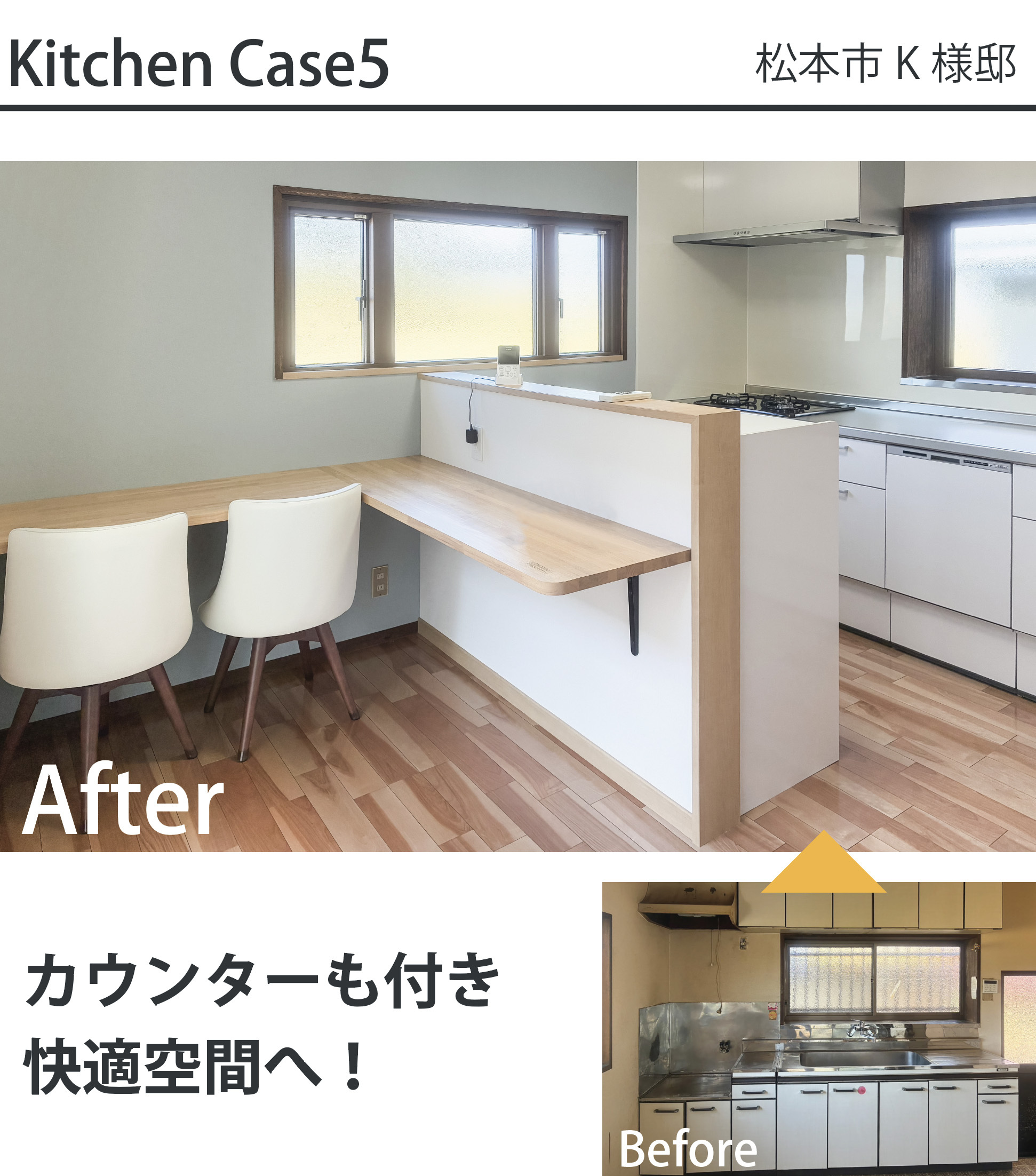 松本市K様邸のキッチンリフォーム施工事例。古くなったセクショナルキッチン（Before）から、手元が隠せる造作カウンターとスタディスペース用デスクを設置した最新システムバス・キッチン空間（After）へのリフォーム比較写真。