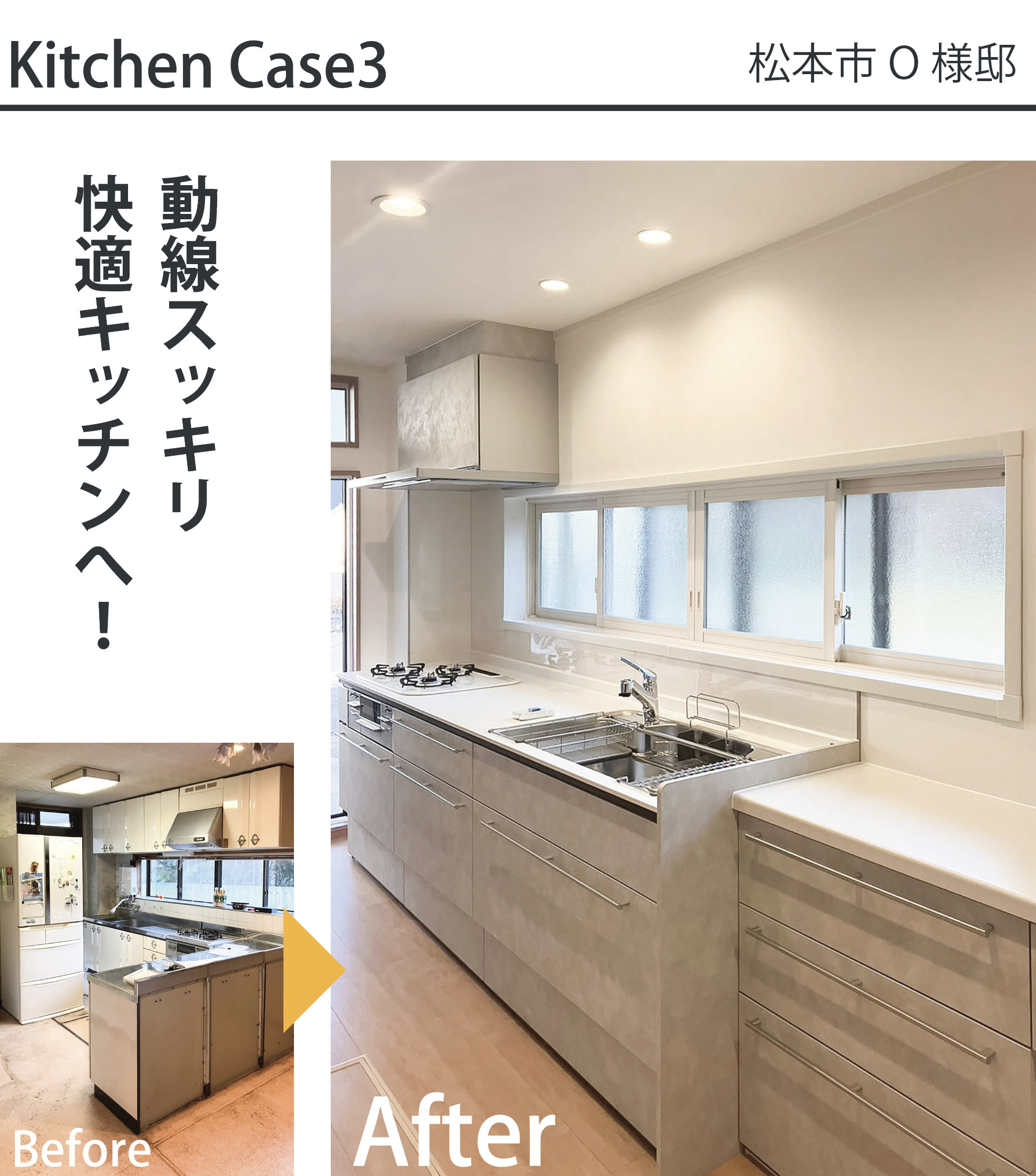 松本市O様邸のキッチンリフォーム施工事例。使い勝手に問題のあった従来の台所（Before）から、同じトーンで揃えたシステムキッチンと大容量のカップボード（食器棚）を設置し、家事動線をスッキリと整えた清潔感溢れる空間（After）へのリフォーム比較写真。