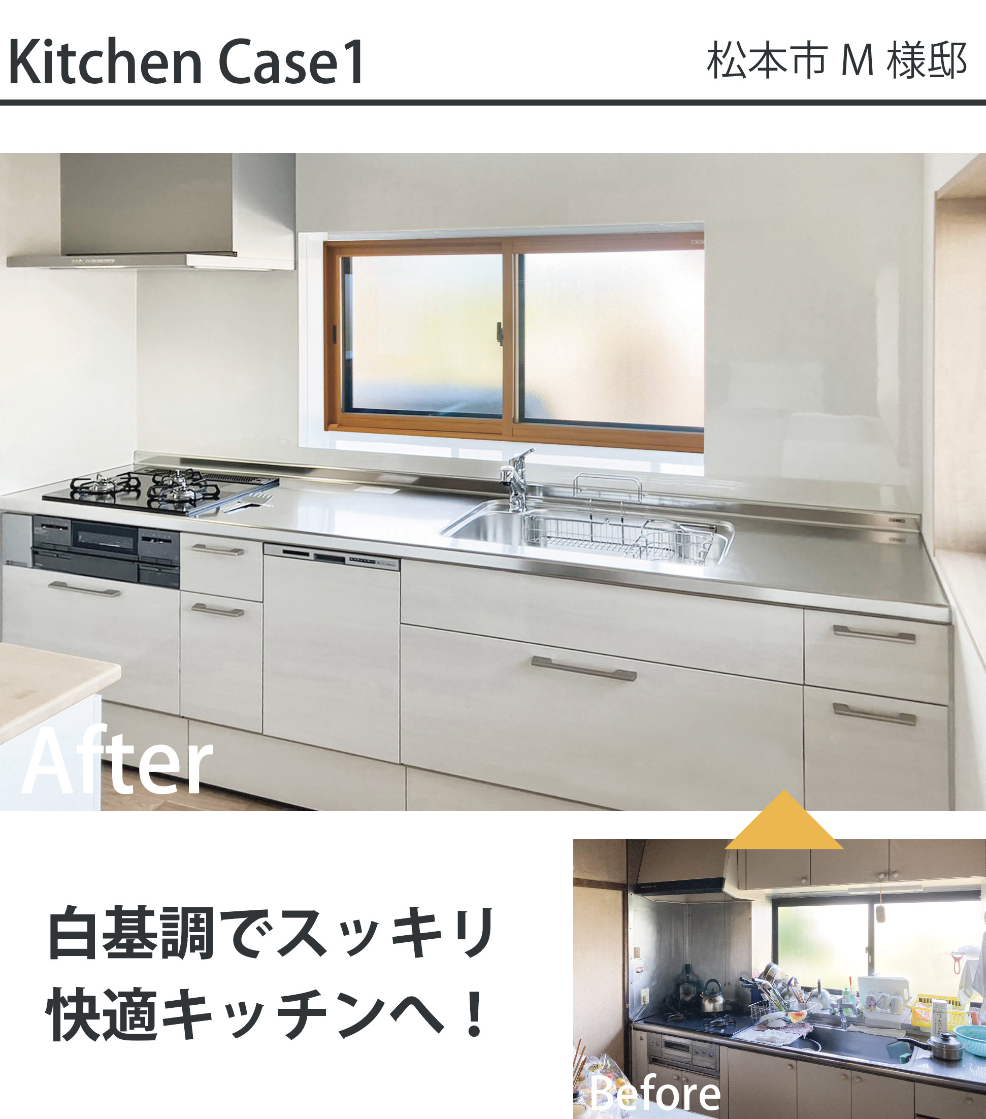 松本市M様邸のキッチンリフォーム施工事例。物が溢れがちだった雑然とした台所（Before）から、白を基調とした扉デザインとステンレス天板で明るく清潔感があり、収納力も大幅にアップしたシステムキッチン（After）へのリフォーム比較写真。